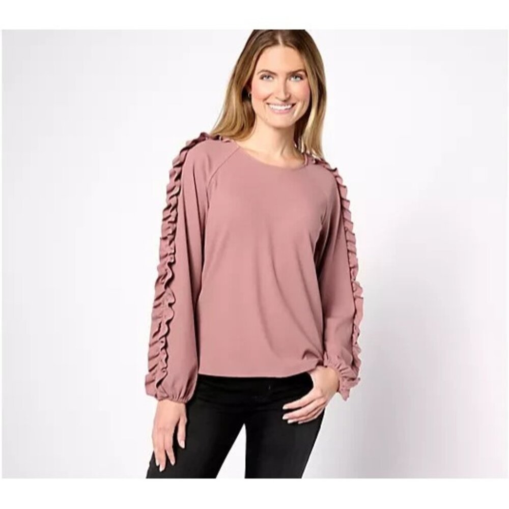 Studio Park x Shawn Rib Knit Ruffle Sleeve Top Dusty Plum Medium A626644